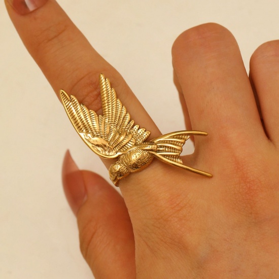 Picture of Wholesale Women's Gift Pigeon Animal Open Rings, 18K Gold Plated 304 Stainless Steel, PVD Stylish & Casual Sweet & Cute Jewelry Supply, 17mm(US Size 6.5), 1 Piece