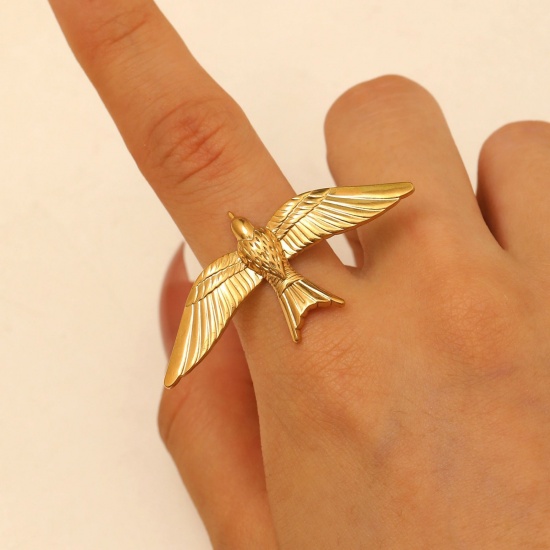 Picture of Wholesale Women's Gift Pigeon Animal Open Rings, 18K Gold Plated 304 Stainless Steel, PVD Stylish & Casual Sweet & Cute Jewelry Supply, 17mm(US Size 6.5), 1 Piece