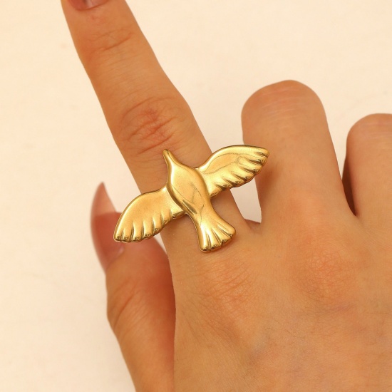 Picture of Wholesale Women's Gift Pigeon Animal Open Rings, 18K Gold Plated 304 Stainless Steel, PVD Stylish & Casual Sweet & Cute Jewelry Supply, 17mm(US Size 6.5), 1 Piece