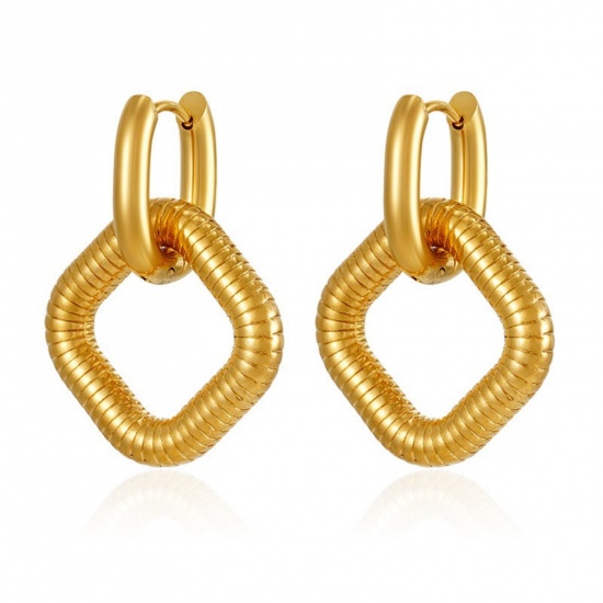 Picture of Wholesale Stylish & Casual Minimalist Beaded Hoop Earrings, Square 18K Gold Plated 304 Stainless Steel, Unisex PVD Gift Jewelry Supply, 1 Pair