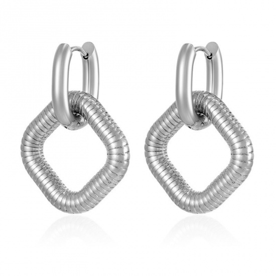 Picture of Wholesale Stylish & Casual Minimalist Beaded Hoop Earrings, Square Silver Tone 304 Stainless Steel, Unisex PVD Gift Jewelry Supply, 1 Pair