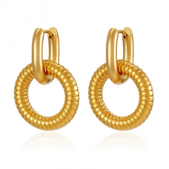 Picture of Wholesale Stylish & Casual Minimalist Beaded Hoop Earrings, Circle Ring 18K Gold Plated 304 Stainless Steel, Unisex PVD Gift Jewelry Supply, 1 Pair