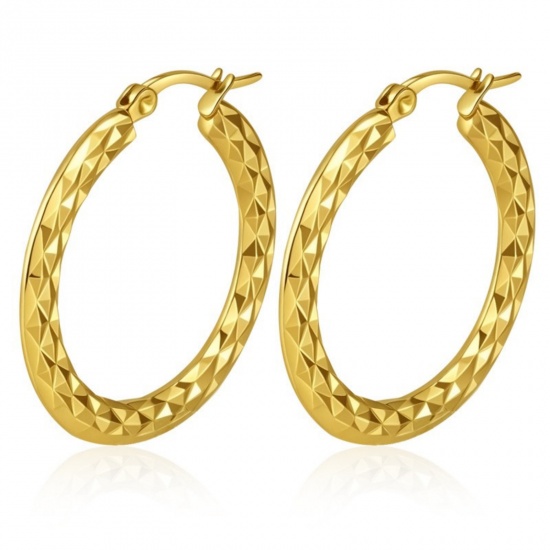 Immagine di Classico Semplice & Casual Orecchini Circolari All'Ingrosso, Tondo Intagliato Placcato Oro 18K 304 Acciaio Inossidabile, Donne Regalo Fornitura di Gioielli, 32mm x 30mm, 1 Paio