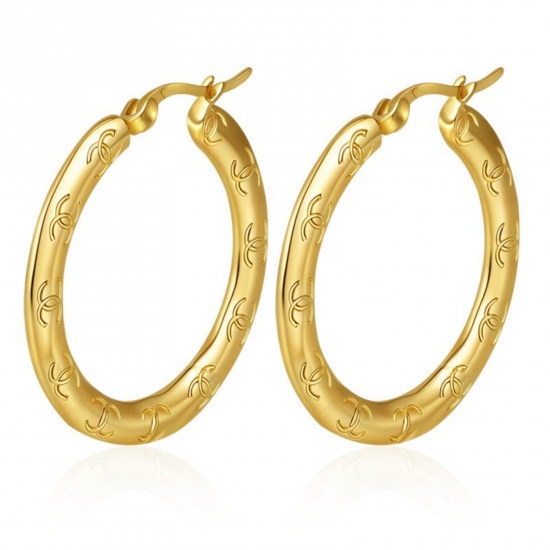 Immagine di Classico Semplice & Casual Orecchini Circolari All'Ingrosso, Tondo Struttura Placcato Oro 18K 304 Acciaio Inossidabile, Donne Regalo Fornitura di Gioielli, 32mm x 30mm, 1 Paio