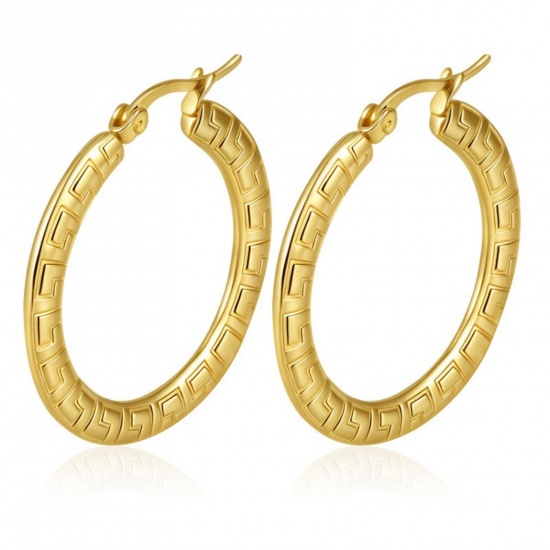 Immagine di Classico Semplice & Casual Orecchini Circolari All'Ingrosso, Tondo Struttura Placcato Oro 18K 304 Acciaio Inossidabile, Donne Regalo Fornitura di Gioielli, 32mm x 30mm, 1 Paio