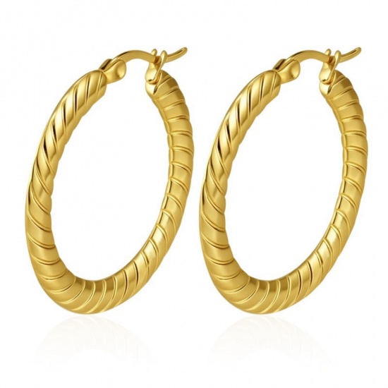 Immagine di Classico Semplice & Casual Orecchini Circolari All'Ingrosso, Tondo Struttura Placcato Oro 18K 304 Acciaio Inossidabile, Donne Regalo Fornitura di Gioielli, 32mm x 30mm, 1 Paio