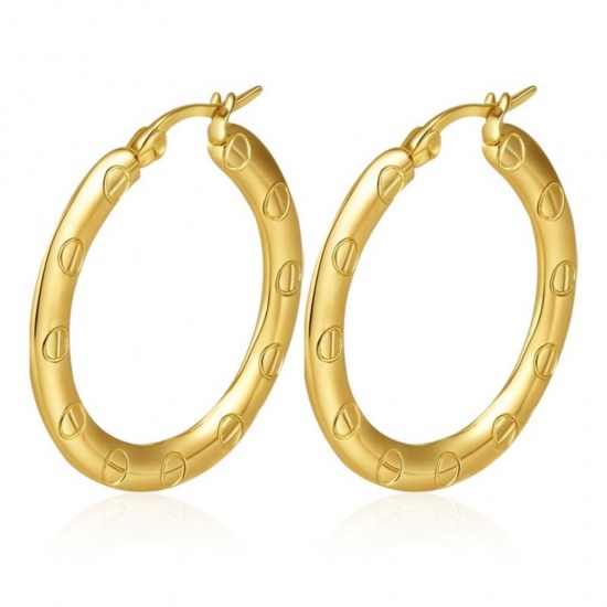 Immagine di Classico Semplice & Casual Orecchini Circolari All'Ingrosso, Tondo Struttura Placcato Oro 18K 304 Acciaio Inossidabile, Donne Regalo Fornitura di Gioielli, 32mm x 30mm, 1 Paio