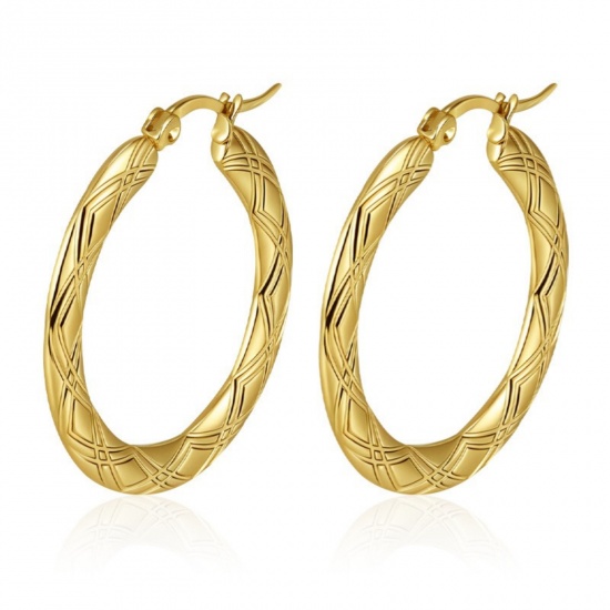 Immagine di Classico Semplice & Casual Orecchini Circolari All'Ingrosso, Tondo Struttura Placcato Oro 18K 304 Acciaio Inossidabile, Donne Regalo Fornitura di Gioielli, 32mm x 30mm, 1 Paio