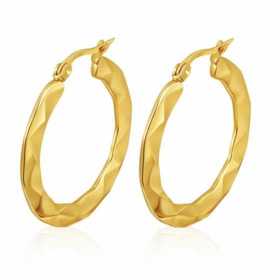 Immagine di Classico Semplice & Casual Orecchini Circolari All'Ingrosso, Tondo goffratura Placcato Oro 18K 304 Acciaio Inossidabile, Donne Regalo Fornitura di Gioielli, 32mm x 30mm, 1 Paio