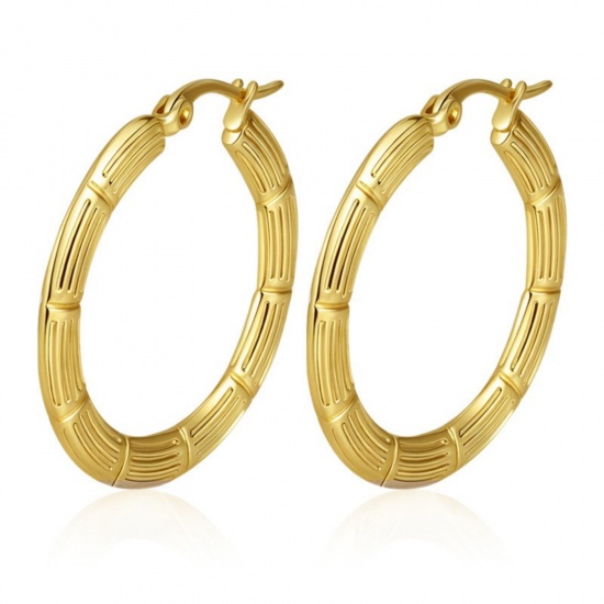 Immagine di Classico Semplice & Casual Orecchini Circolari All'Ingrosso, Tondo Intagliato Placcato Oro 18K 304 Acciaio Inossidabile, Donne Regalo Fornitura di Gioielli, 32mm x 30mm, 1 Paio