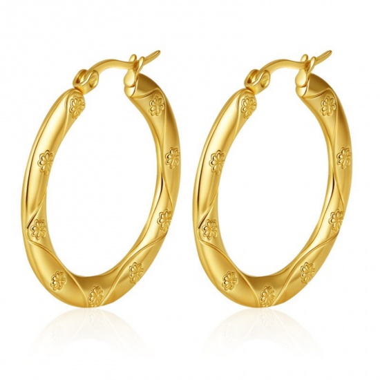 Immagine di Classico Semplice & Casual Orecchini Circolari All'Ingrosso, Tondo Intagliato Placcato Oro 18K 304 Acciaio Inossidabile, Donne Regalo Fornitura di Gioielli, 32mm x 30mm, 1 Paio