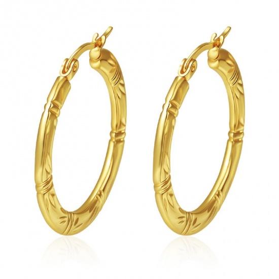 Immagine di Classico Semplice & Casual Orecchini Circolari All'Ingrosso, Tondo Struttura Placcato Oro 18K 304 Acciaio Inossidabile, Donne Regalo Fornitura di Gioielli, 32mm x 30mm, 1 Paio