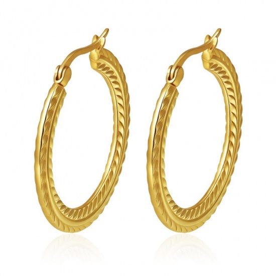 Immagine di Classico Semplice & Casual Orecchini Circolari All'Ingrosso, Tondo Struttura Placcato Oro 18K 304 Acciaio Inossidabile, Donne Regalo Fornitura di Gioielli, 32mm x 30mm, 1 Paio
