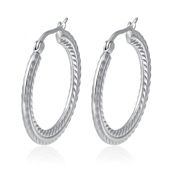 Immagine di Classico Semplice & Casual Orecchini Circolari All'Ingrosso, Tondo Struttura Tono Argento 304 Acciaio Inossidabile, Donne Regalo Fornitura di Gioielli, 32mm x 30mm, 1 Paio