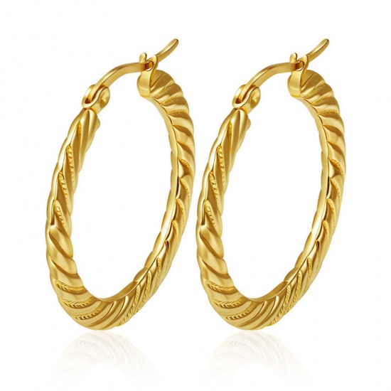 Immagine di Classico Semplice & Casual Orecchini Circolari All'Ingrosso, Tondo Struttura Placcato Oro 18K 304 Acciaio Inossidabile, Donne Regalo Fornitura di Gioielli, 32mm x 30mm, 1 Paio