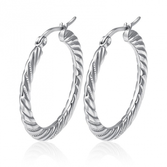 Immagine di Classico Semplice & Casual Orecchini Circolari All'Ingrosso, Tondo Struttura Tono Argento 304 Acciaio Inossidabile, Donne Regalo Fornitura di Gioielli, 32mm x 30mm, 1 Paio