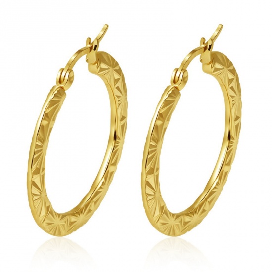 Immagine di Classico Semplice & Casual Orecchini Circolari All'Ingrosso, Tondo Struttura Placcato Oro 18K 304 Acciaio Inossidabile, Donne Regalo Fornitura di Gioielli, 32mm x 30mm, 1 Paio