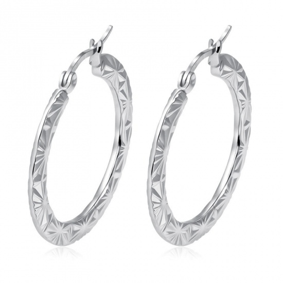 Immagine di Classico Semplice & Casual Orecchini Circolari All'Ingrosso, Tondo Struttura Tono Argento 304 Acciaio Inossidabile, Donne Regalo Fornitura di Gioielli, 32mm x 30mm, 1 Paio
