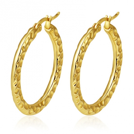 Immagine di Classico Semplice & Casual Orecchini Circolari All'Ingrosso, Tondo Struttura Placcato Oro 18K 304 Acciaio Inossidabile, Donne Regalo Fornitura di Gioielli, 32mm x 30mm, 1 Paio
