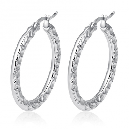 Immagine di Classico Semplice & Casual Orecchini Circolari All'Ingrosso, Tondo Struttura Tono Argento 304 Acciaio Inossidabile, Donne Regalo Fornitura di Gioielli, 32mm x 30mm, 1 Paio
