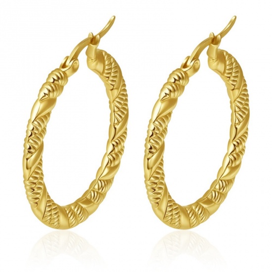 Immagine di Classico Semplice & Casual Orecchini Circolari All'Ingrosso, Tondo Struttura Placcato Oro 18K 304 Acciaio Inossidabile, Donne Regalo Fornitura di Gioielli, 32mm x 30mm, 1 Paio