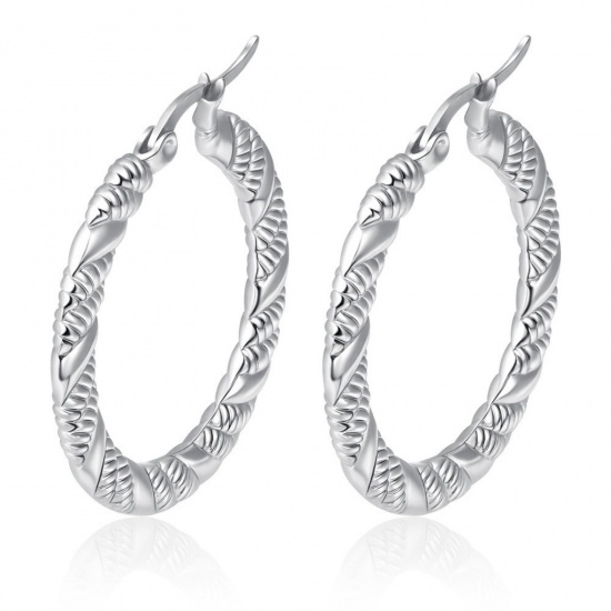 Immagine di Classico Semplice & Casual Orecchini Circolari All'Ingrosso, Tondo Struttura Tono Argento 304 Acciaio Inossidabile, Donne Regalo Fornitura di Gioielli, 32mm x 30mm, 1 Paio