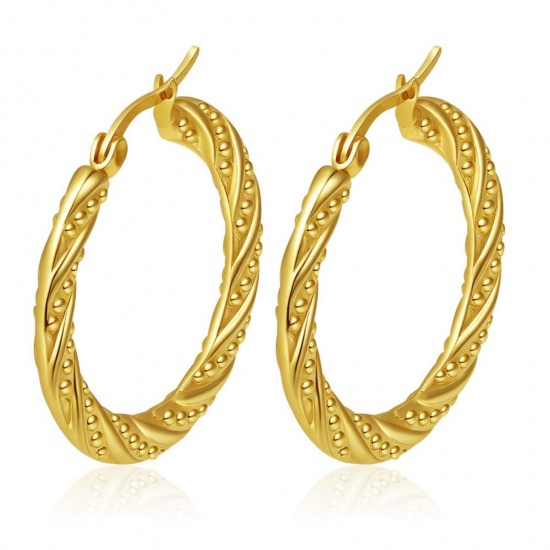 Immagine di Classico Semplice & Casual Orecchini Circolari All'Ingrosso, Tondo Struttura Placcato Oro 18K 304 Acciaio Inossidabile, Donne Regalo Fornitura di Gioielli, 32mm x 30mm, 1 Paio