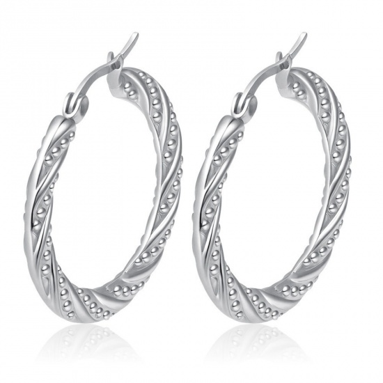 Immagine di Classico Semplice & Casual Orecchini Circolari All'Ingrosso, Tondo Struttura Tono Argento 304 Acciaio Inossidabile, Donne Regalo Fornitura di Gioielli, 32mm x 30mm, 1 Paio