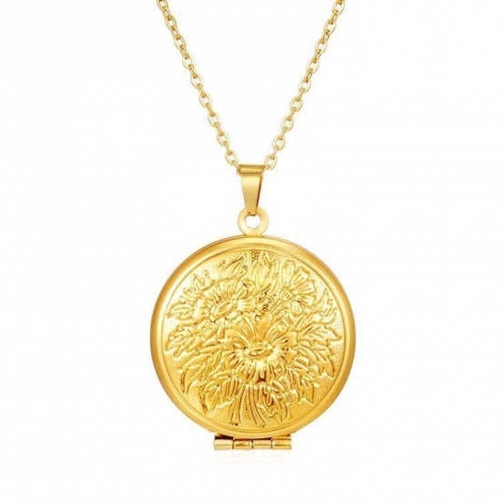 Picture of Wholesale Round Lotus Flower Pendant Charm Necklace, 18K Gold Plated 304 Stainless Steel Link Cable Chain, Women's PVD Picture Photo Frame Locket Minimalist Gift Jewelry For Retailer, 38cm(15") + 5cm(2") long, 1 Piece