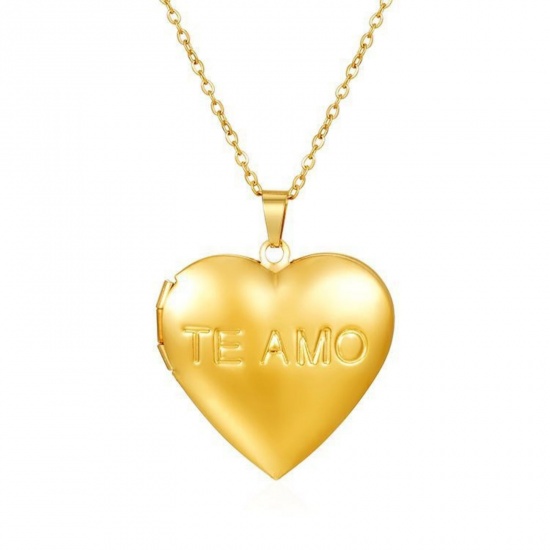Picture of Wholesale Heart English Vocabulary Pendant Charm Necklace, 18K Gold Plated 304 Stainless Steel Link Cable Chain, Women's PVD Picture Photo Frame Locket Minimalist Gift Jewelry For Retailer, 38cm(15") + 5cm(2") long, 1 Piece