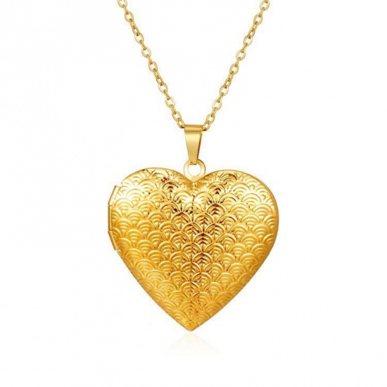 Picture of Wholesale Heart Fish Scale Pendant Charm Necklace, 18K Gold Plated 304 Stainless Steel Link Cable Chain, Women's PVD Picture Photo Frame Locket Minimalist Gift Jewelry For Retailer, 38cm(15") + 5cm(2") long, 1 Piece