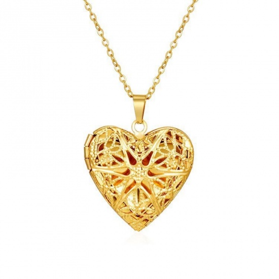 Picture of Wholesale Heart Filigree Pendant Charm Necklace, 18K Gold Plated 304 Stainless Steel Link Cable Chain, Women's PVD Picture Photo Frame Locket Minimalist Gift Jewelry For Retailer, 38cm(15") + 5cm(2") long, 1 Piece