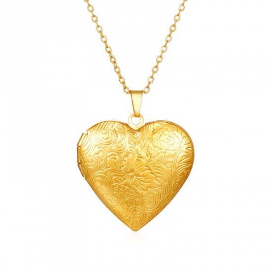 Picture of Wholesale Heart Texture Pendant Charm Necklace, 18K Gold Plated 304 Stainless Steel Link Cable Chain, Women's PVD Picture Photo Frame Locket Minimalist Gift Jewelry For Retailer, 38cm(15") + 5cm(2") long, 1 Piece