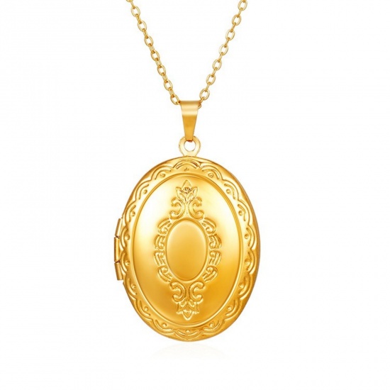 Picture of Wholesale Oval Mirror Pendant Charm Necklace, 18K Gold Plated 304 Stainless Steel Link Cable Chain, Women's PVD Picture Photo Frame Locket Minimalist Gift Jewelry For Retailer, 38cm(15") + 5cm(2") long, 1 Piece