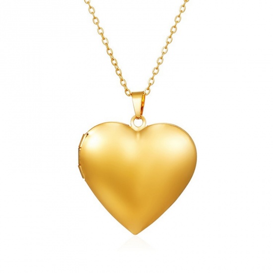 Picture of Wholesale Heart Pendant Charm Necklace, 18K Gold Plated 304 Stainless Steel Link Cable Chain, Women's PVD Picture Photo Frame Locket Minimalist Gift Jewelry For Retailer, 38cm(15") + 5cm(2") long, 1 Piece
