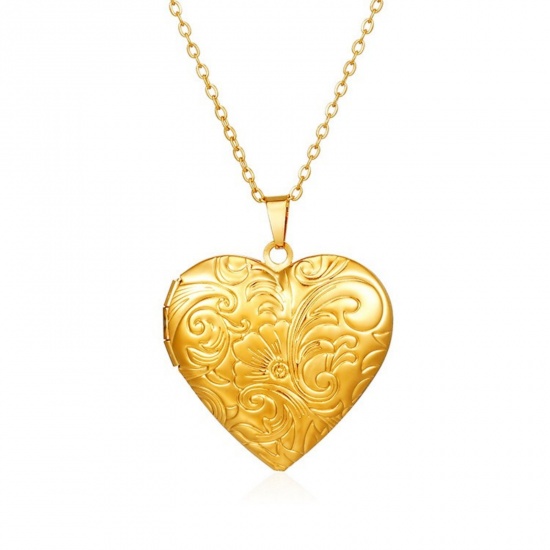 Picture of Wholesale Heart Carved Pattern Pendant Charm Necklace, 18K Gold Plated 304 Stainless Steel Link Cable Chain, Women's PVD Picture Photo Frame Locket Minimalist Gift Jewelry For Retailer, 38cm(15") + 5cm(2") long, 1 Piece