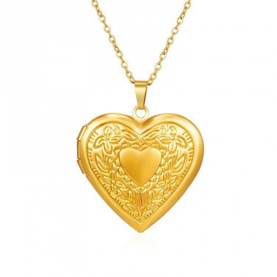 Picture of Wholesale Heart Carved Pattern Pendant Charm Necklace, 18K Gold Plated 304 Stainless Steel Link Cable Chain, Women's PVD Picture Photo Frame Locket Minimalist Gift Jewelry For Retailer, 38cm(15") + 5cm(2") long, 1 Piece