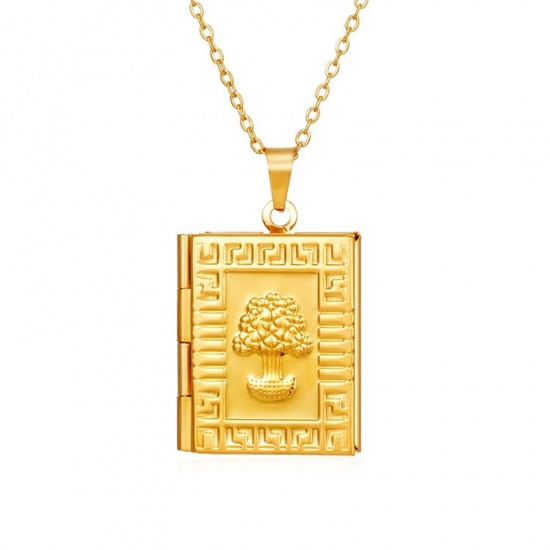 Picture of Wholesale Rectangle Tree Pendant Charm Necklace, 18K Gold Plated 304 Stainless Steel Link Cable Chain, Women's PVD Picture Photo Frame Locket Minimalist Gift Jewelry For Retailer, 38cm(15") + 5cm(2") long, 1 Piece