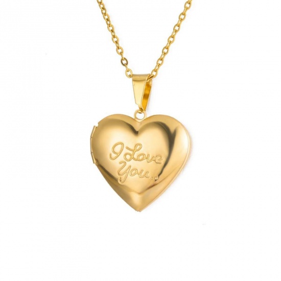 Picture of Wholesale Heart English Vocabulary Pendant Charm Necklace, 18K Gold Plated 304 Stainless Steel Link Cable Chain, Women's PVD Picture Photo Frame Locket Minimalist Gift Jewelry For Retailer, 38cm(15") + 5cm(2") long, 1 Piece