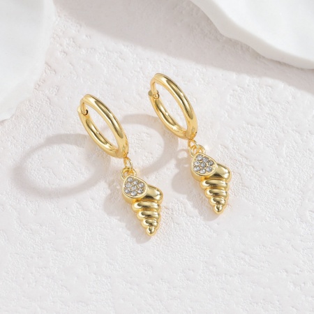 Picture of Wholesale Ocean Jewelry Natural Pastoral Earrings, Conch/ Sea Snail Micro Pave 18K Gold Plated 304 Stainless Steel, Women's PVD Gift Jewelry Supply, 3cm x 1.4cm, 1 Pair