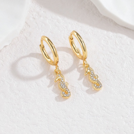 Picture of Wholesale Ocean Jewelry Natural Pastoral Earrings, Seahorse Animal Micro Pave 18K Gold Plated 304 Stainless Steel, Women's PVD Gift Jewelry Supply, 3cm x 1.4cm, 1 Pair