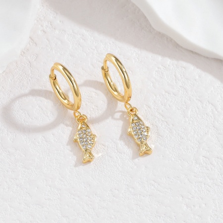 Picture of Wholesale Ocean Jewelry Natural Pastoral Earrings, Fish Animal Micro Pave 18K Gold Plated 304 Stainless Steel, Women's PVD Gift Jewelry Supply, 3cm x 1.4cm, 1 Pair