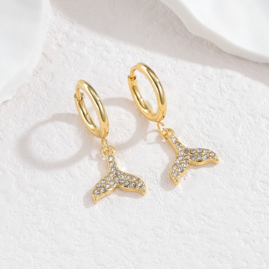 Immagine di Gioielli Oceanici Pastorale Naturale Orecchino All'Ingrosso, Fishtail Micro Spianare Placcato Oro 18K 304 Acciaio Inossidabile, Donne PVD Regalo Fornitura di Gioielli, 3cm x 1.4cm, 1 Paio