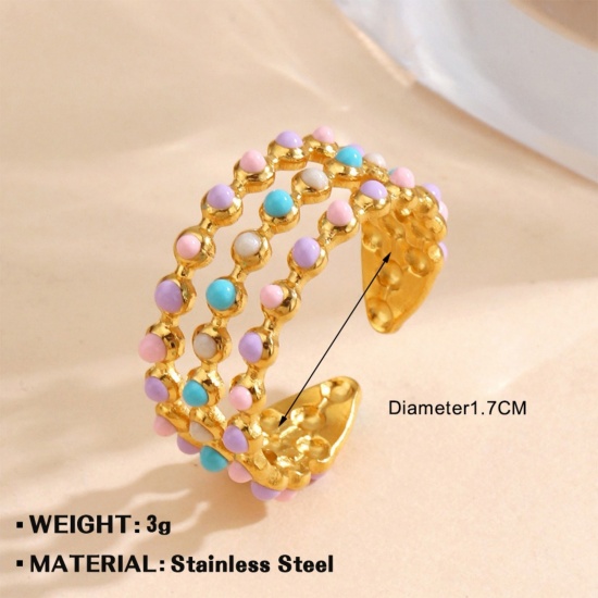 Bild von Großhandel Frauen Geschenk Geometrie Emaille Offen Ring, 18K Vergoldet 304 Edelstahl, PVD Stilvoll & lässig Süß Schmuckbedarf, 18mm (US Größe 7.75), 1 Stück