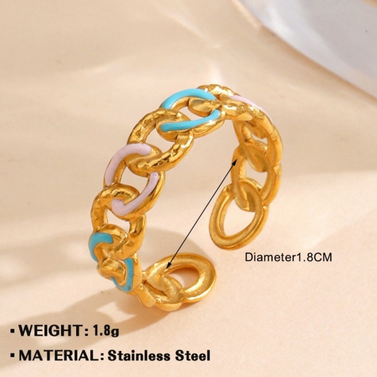 Bild von Großhandel Frauen Geschenk Gliederkette Emaille Offen Ring, 18K Vergoldet 304 Edelstahl, PVD Stilvoll & lässig Süß Schmuckbedarf, 18mm (US Größe 7.75), 1 Stück
