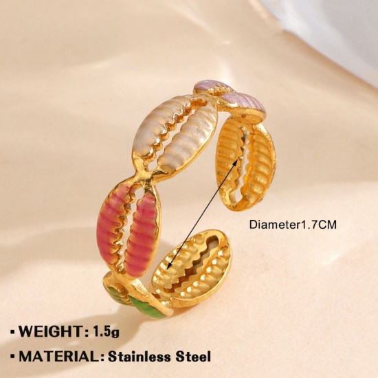 Bild von Großhandel Frauen Geschenk Muschel Emaille Offen Ring, 18K Vergoldet 304 Edelstahl, PVD Stilvoll & lässig Süß Schmuckbedarf, 18mm (US Größe 7.75), 1 Stück