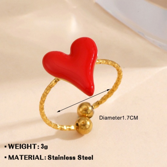 Bild von Großhandel Frauen Geschenk Herz Emaille Offen Ring, 18K Vergoldet 304 Edelstahl, PVD Stilvoll & lässig Süß Schmuckbedarf, 18mm (US Größe 7.75), 1 Stück