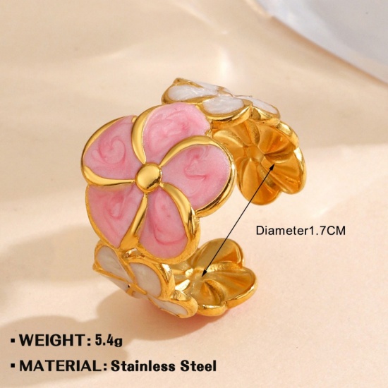 Bild von Großhandel Frauen Geschenk Blume Blätter Emaille Offen Ring, 18K Vergoldet 304 Edelstahl, PVD Stilvoll & lässig Süß Schmuckbedarf, 18mm (US Größe 7.75), 1 Stück