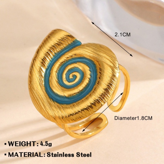 Bild von Großhandel Frauen Geschenk Muschel Emaille Offen Ring, 18K Vergoldet 304 Edelstahl, PVD Stilvoll & lässig Süß Schmuckbedarf, 18mm (US Größe 7.75), 1 Stück
