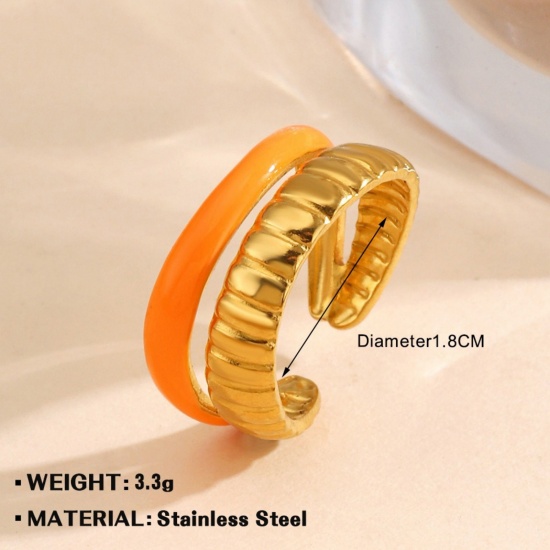 Bild von Großhandel Frauen Geschenk Geometrie Emaille Offen Ring, 18K Vergoldet 304 Edelstahl, PVD Stilvoll & lässig Süß Schmuckbedarf, 18mm (US Größe 7.75), 1 Stück